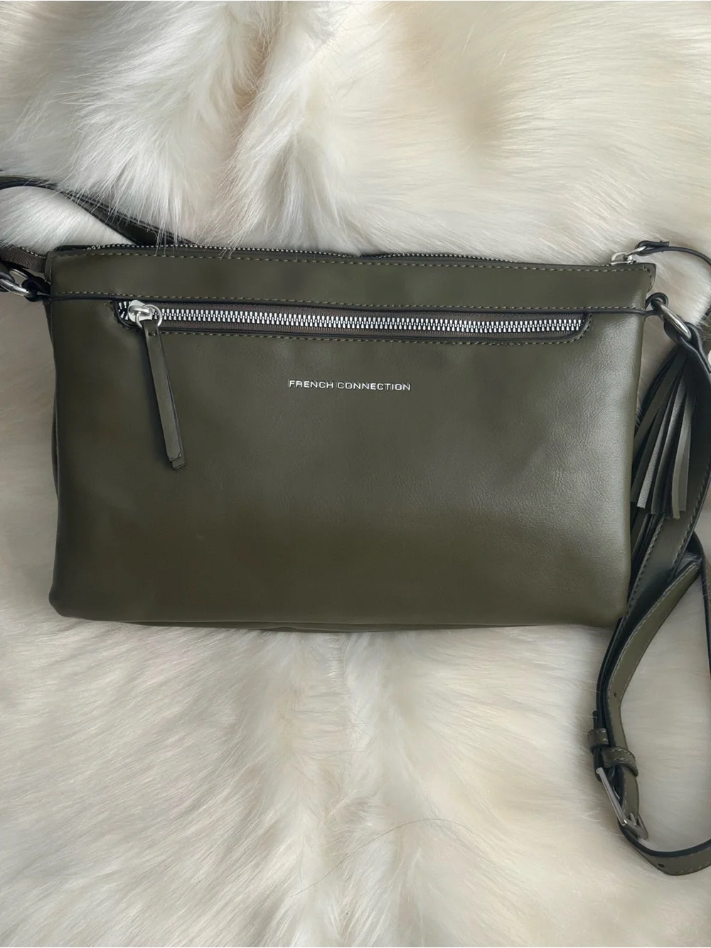 French Connection Olive and Taupe Patchwork Crossbody with Tassel